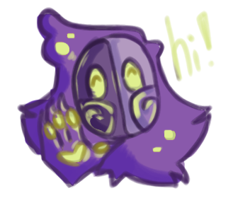 My sona, a purple creature with yellow eyes and yellow pawpads, saying hello!